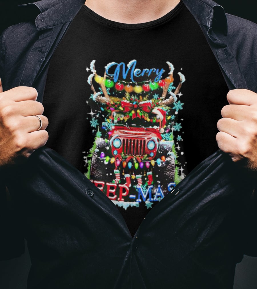 Merry Jeep Mas Reindeer Lights Snowflakes Christmas Decorations T-Shirt