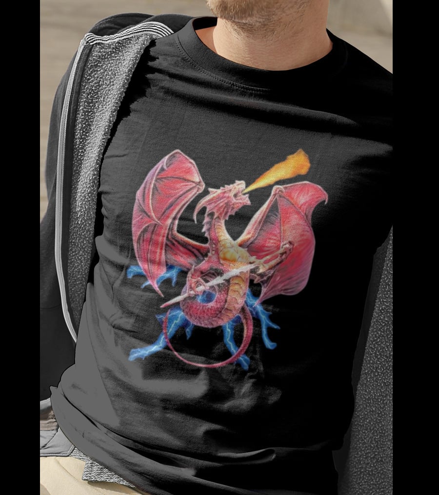 Red Dragon Breathing Fire Holding Sword Flying With Lightning In Background T-Shirt