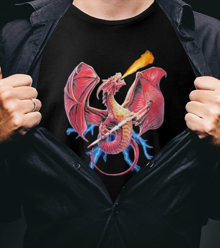 Red Dragon Breathing Fire Holding Sword Flying With Lightning In Background T-Shirt