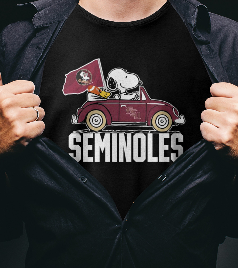 Snoopy And Woodstock In Seminoles Car Florida State Flag Peanuts T-Shirt
