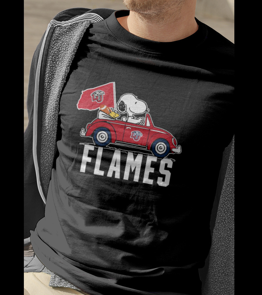 Snoopy And Woodstock Driving Liberty University Flames Car T-Shirt