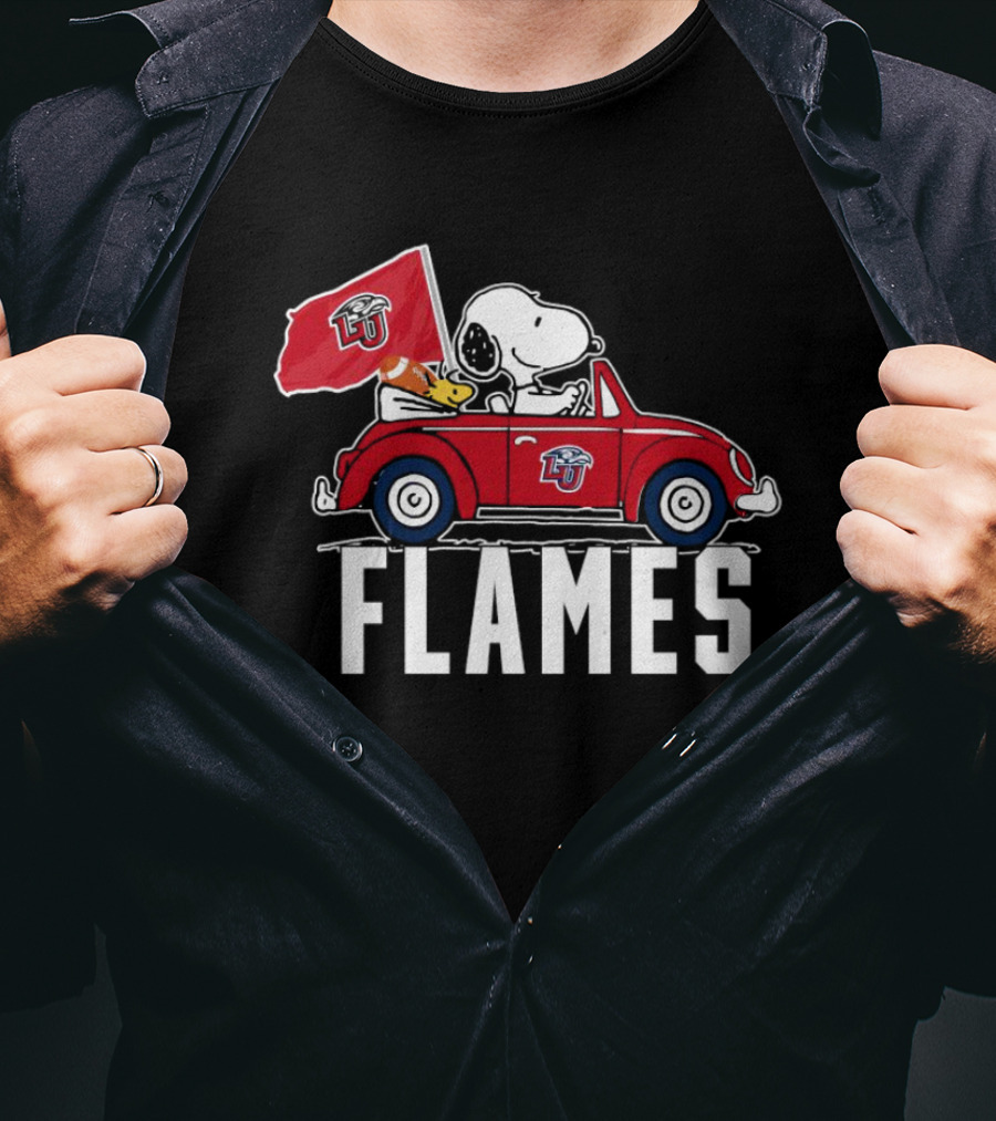 Snoopy And Woodstock Driving Liberty University Flames Car T-Shirt