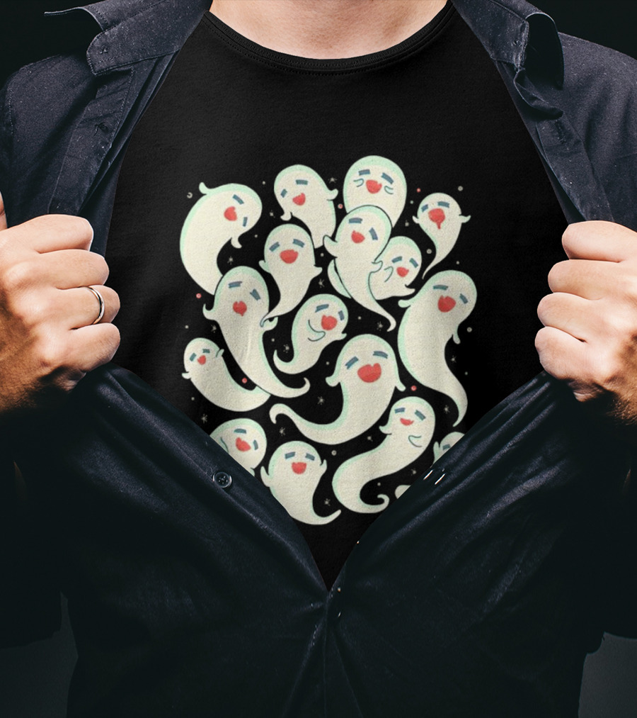 Spirited Squad Ghostly Gathering With Playful Faces T-Shirt