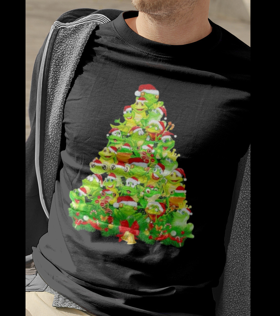 Frogs With Santa Hats Christmas Tree Holiday T-Shirt