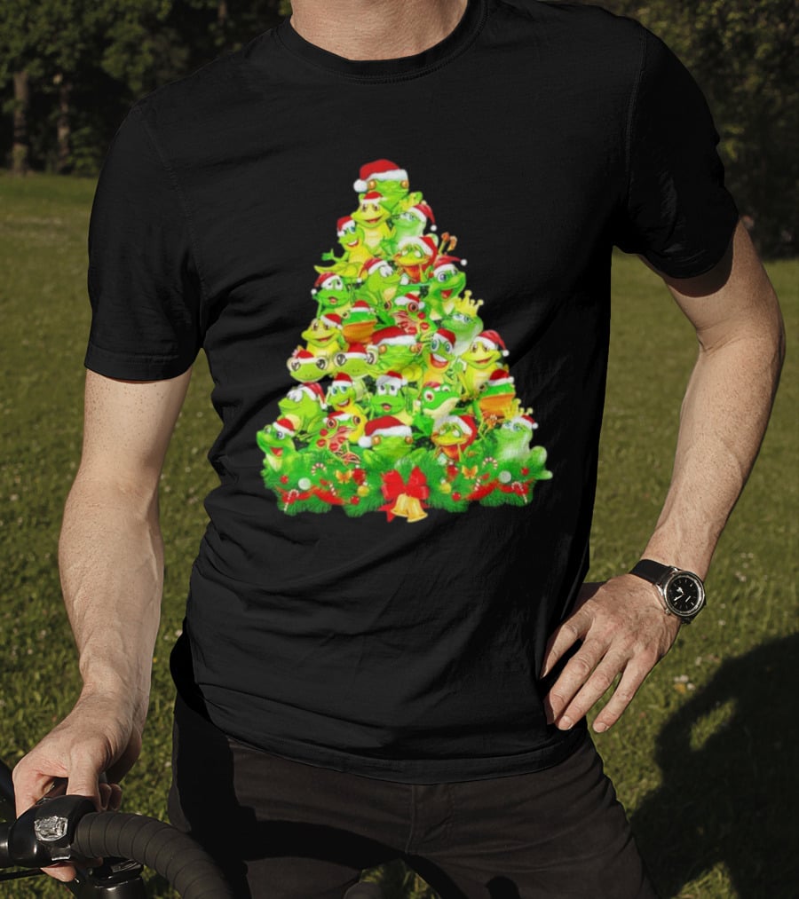 Frogs With Santa Hats Christmas Tree Holiday T-Shirt