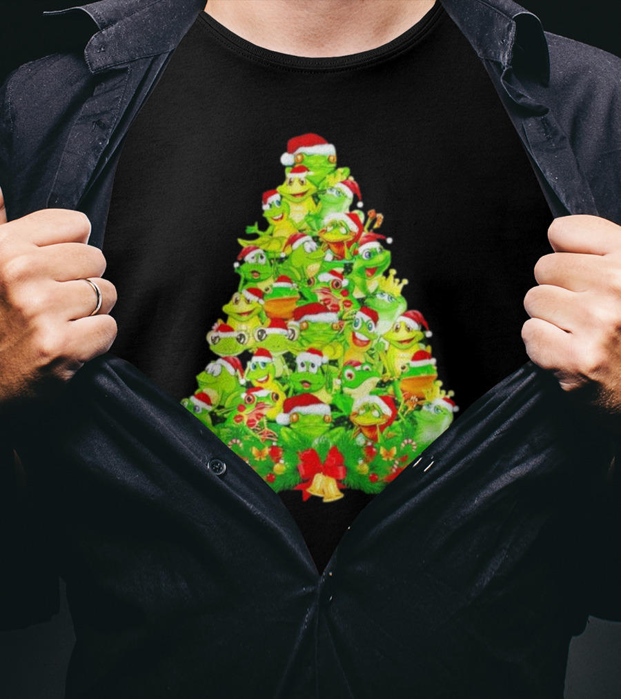 Frogs With Santa Hats Christmas Tree Holiday T-Shirt