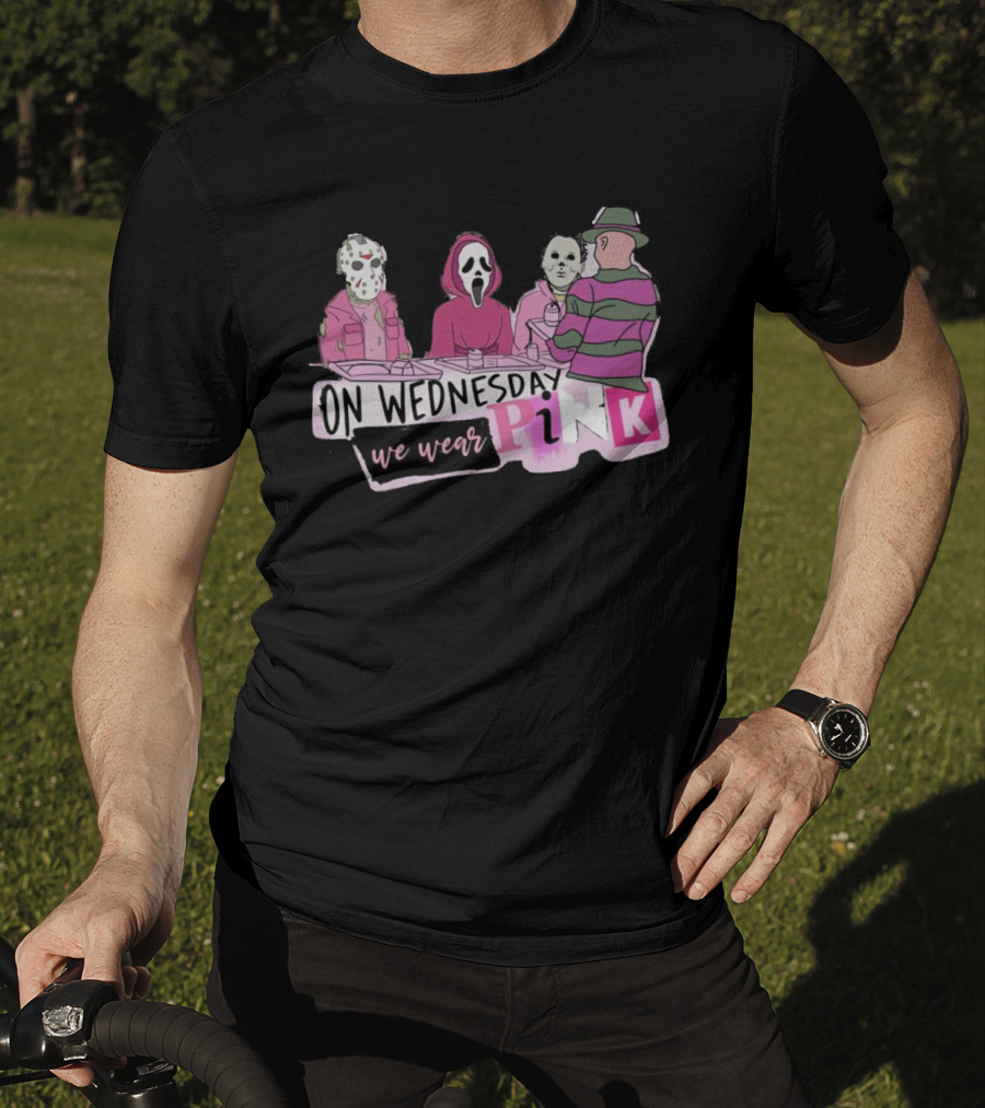 On Wednesday We Wear Pink Horror Movie Characters T-Shirt
