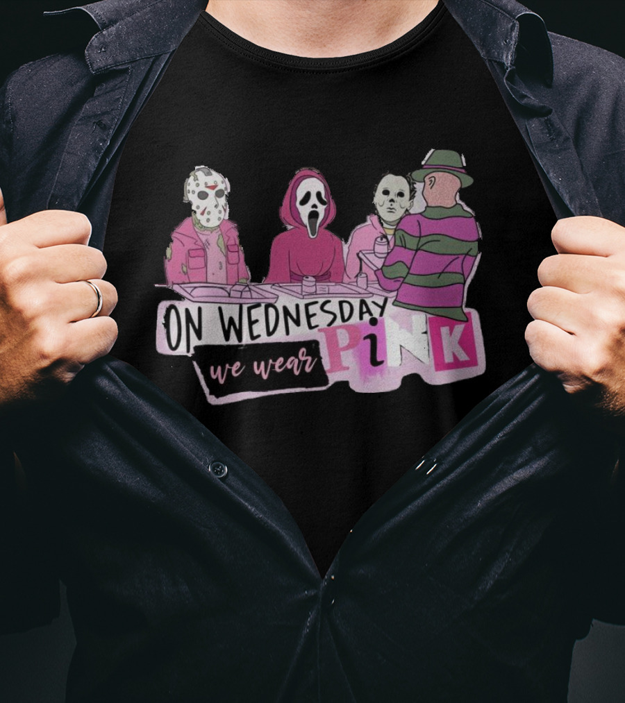 On Wednesday We Wear Pink Horror Movie Characters T-Shirt