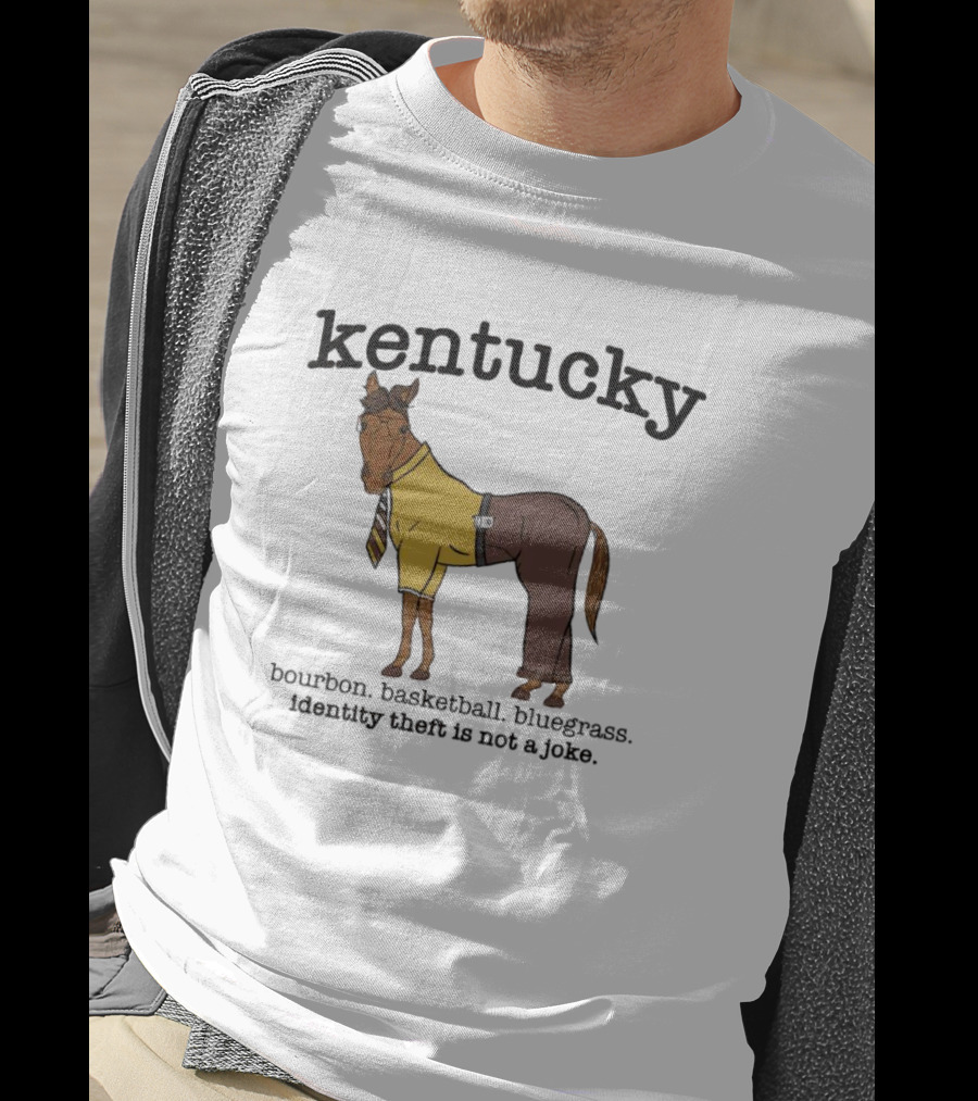 Kentucky Horse In Suit With Bourbon Basketball Bluegrass Identity Theft Not A Joke T-Shirt