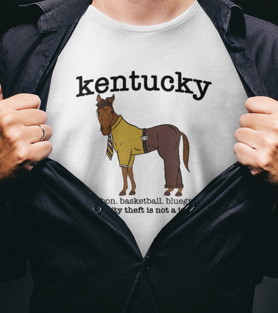 Kentucky Horse In Suit With Bourbon Basketball Bluegrass Identity Theft Not A Joke T-Shirt