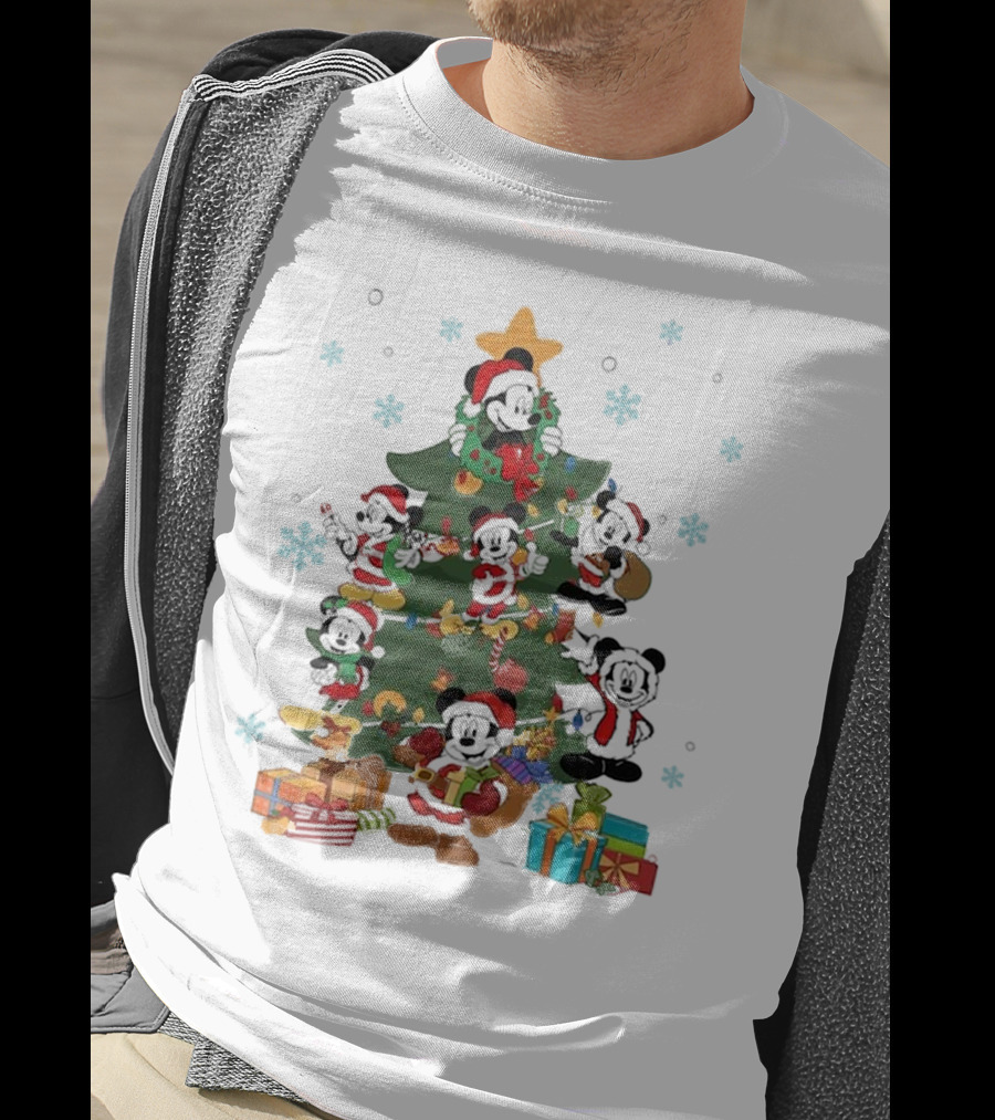 Christmas Tree Mickey Mouse Holiday Characters With Gifts And Snowflakes T-Shirt