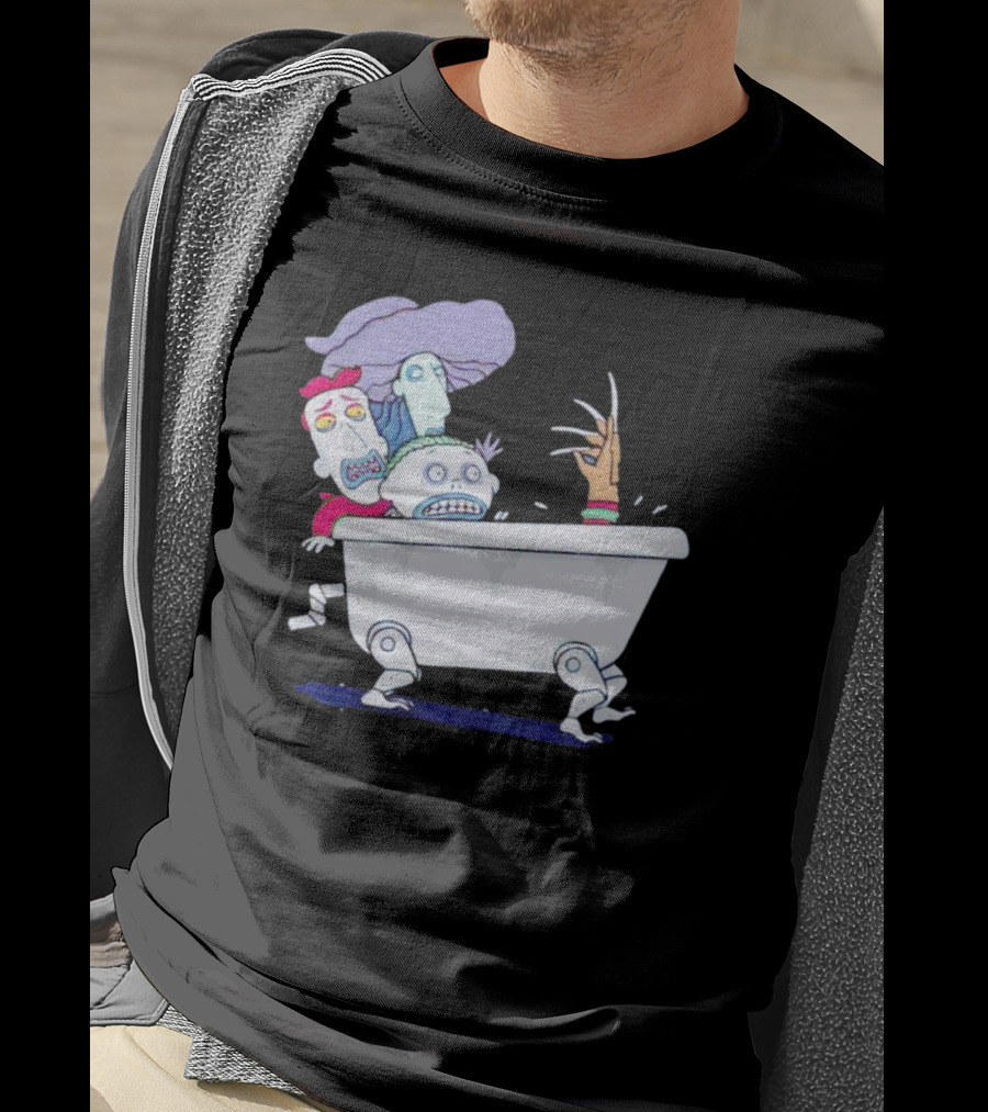Halloween Scary Bathtub Cartoon Skeletons And Claw Hand T-Shirt