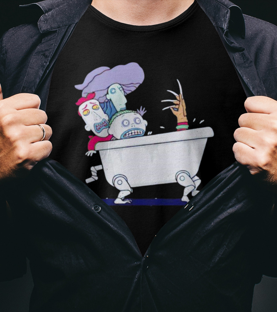 Halloween Scary Bathtub Cartoon Skeletons And Claw Hand T-Shirt