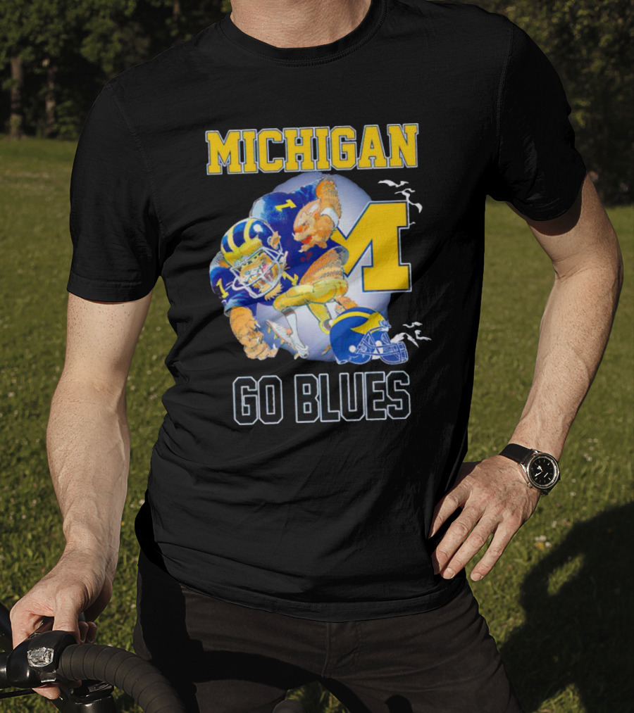 Michigan Wolverines Go Blues Football Player And Helmet T-Shirt