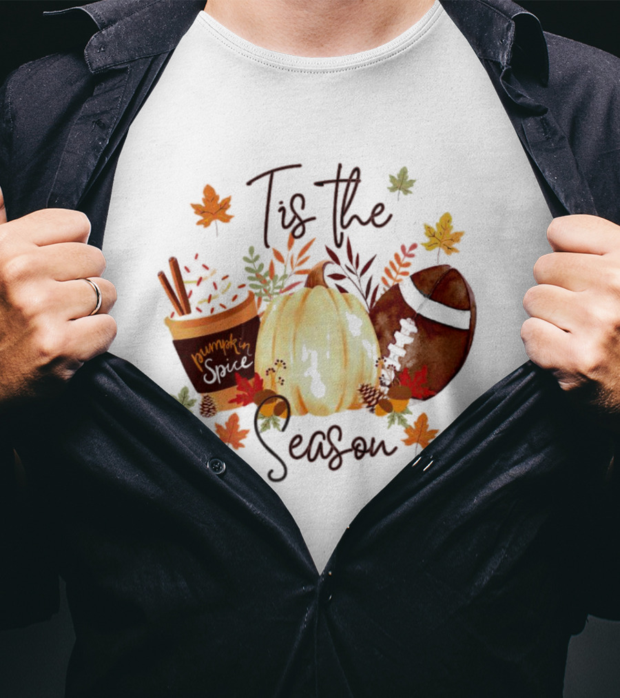 Tis The Season Pumpkin Spice Fall Leaves Football T-Shirt