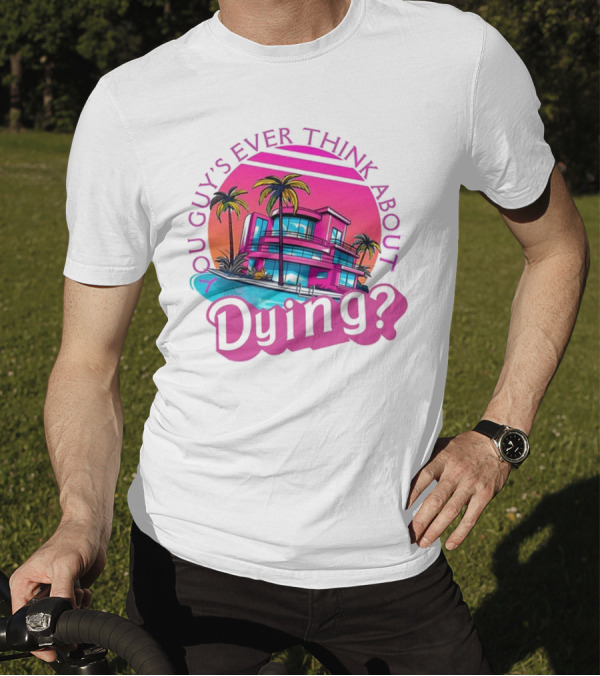 You Guy's Ever Think About Dying? Retro Palm Tree Sunset Vibrant Pink Neon Aesthetic T-Shirt