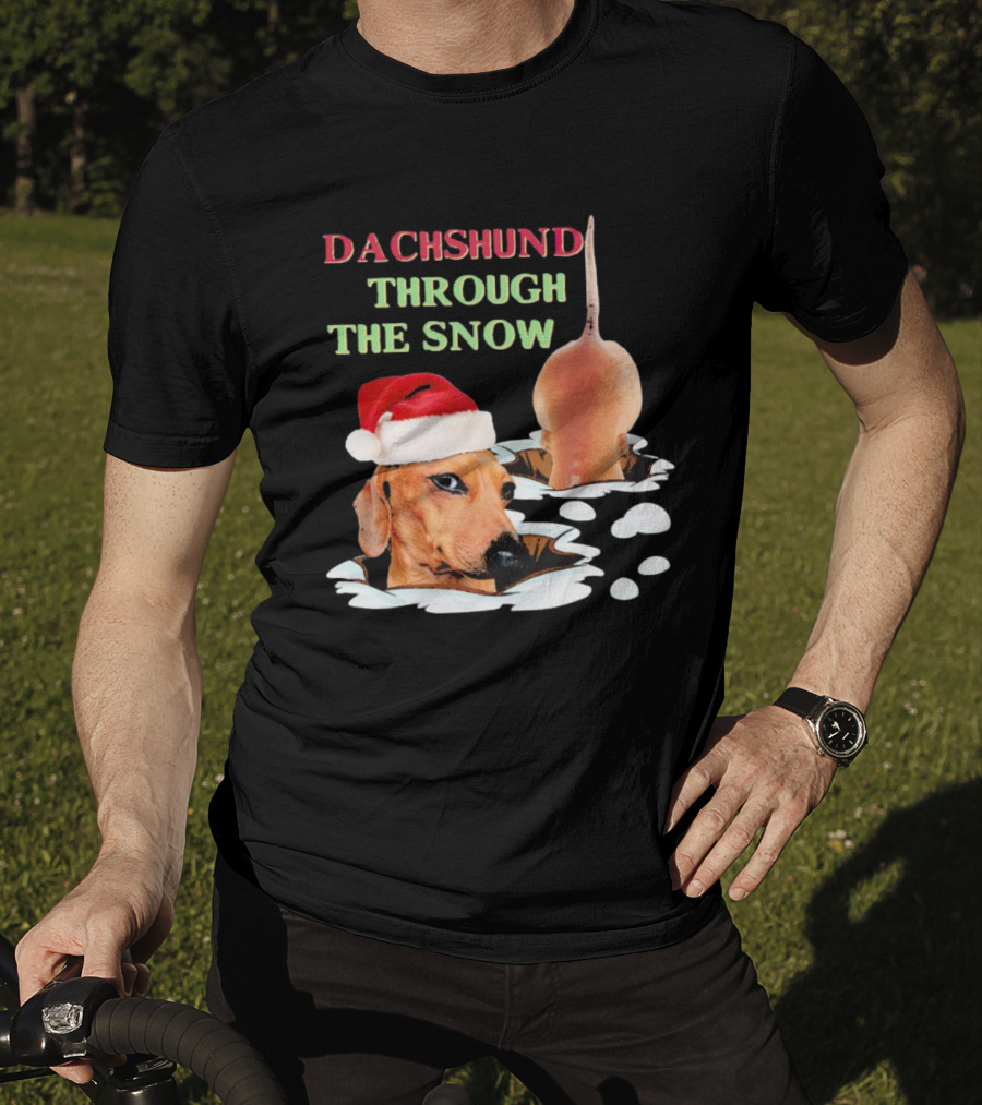 Dachshund Through The Snow Santa Hat Dog And Snow Bubbles T-Shirt