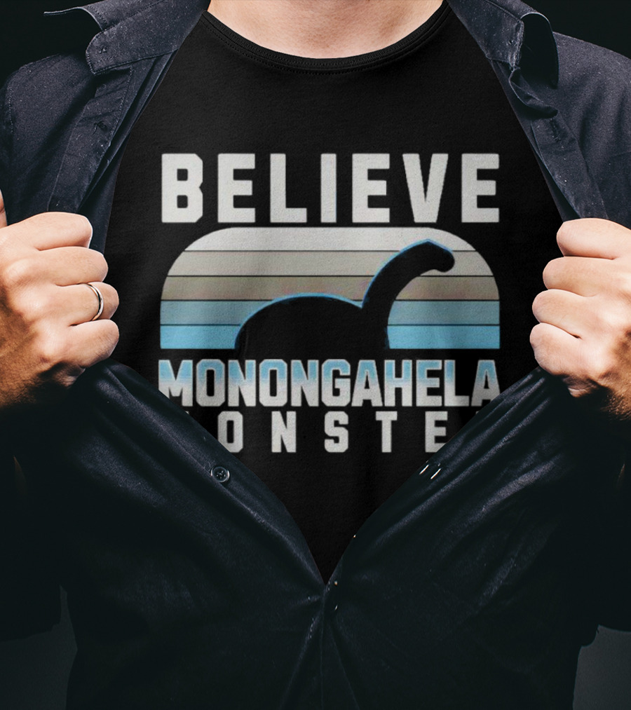 Believe Monongahela Monster Dinosaur Silhouette Striped T-Shirt