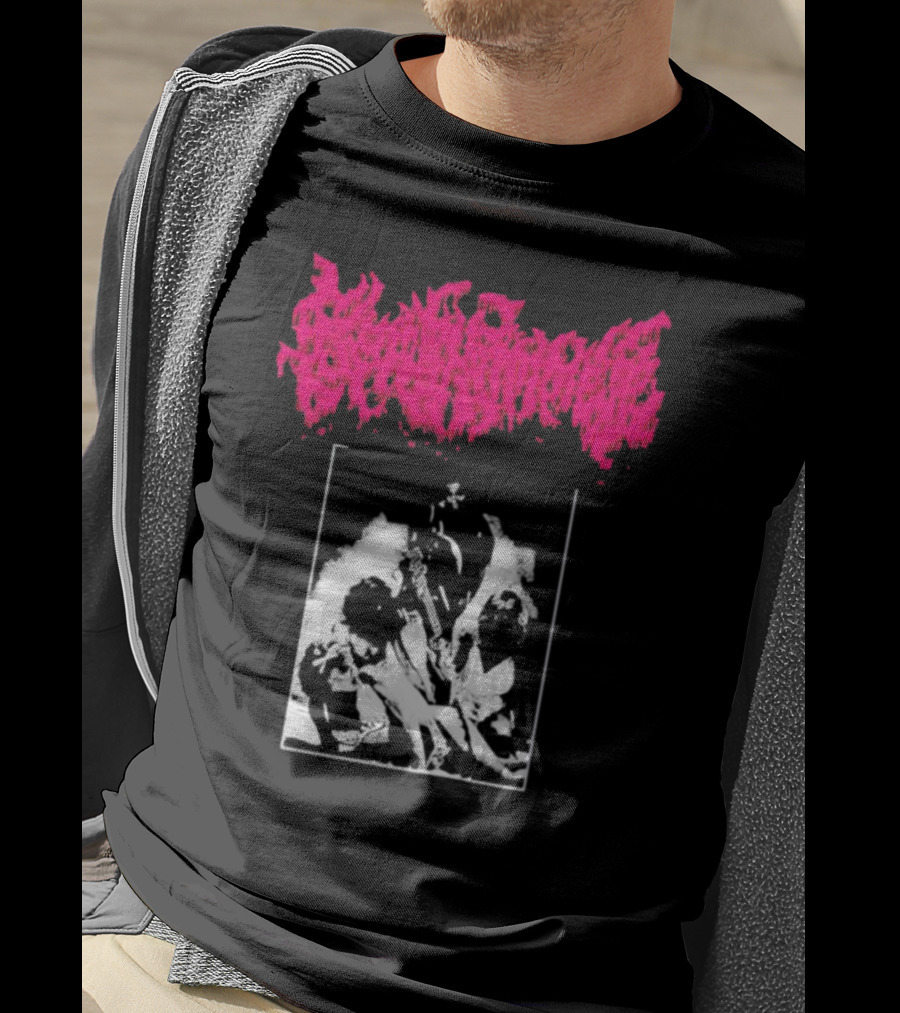 Gorehammer Graphic In Pink Gothic Font With Monochrome Horror Scene T-Shirt