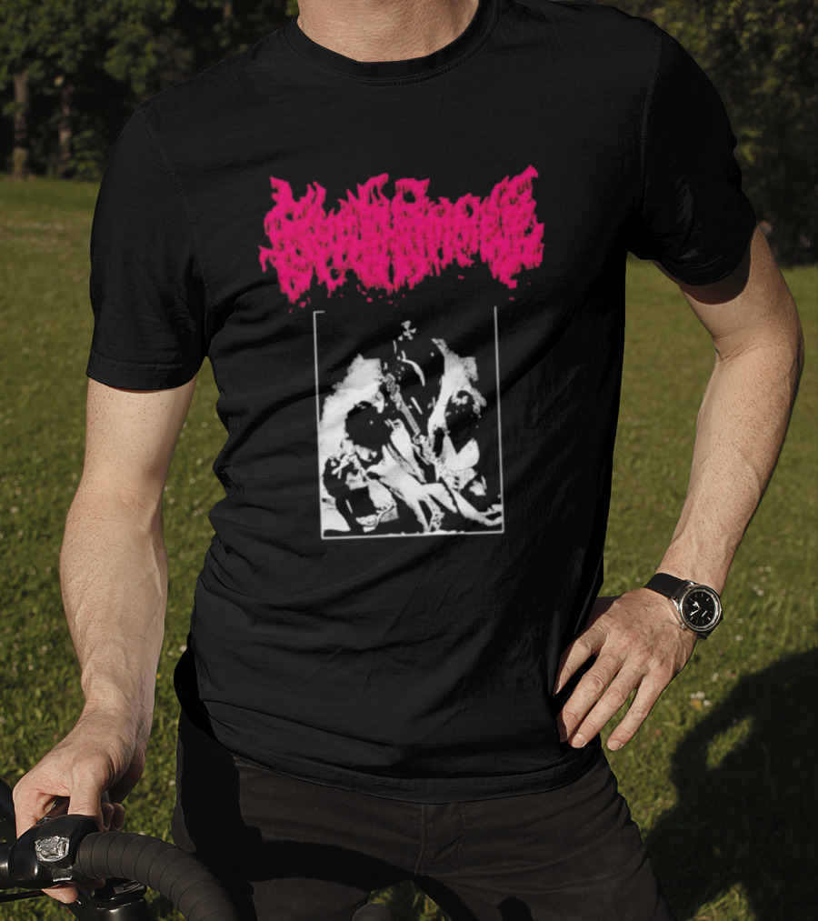 Gorehammer Graphic In Pink Gothic Font With Monochrome Horror Scene T-Shirt
