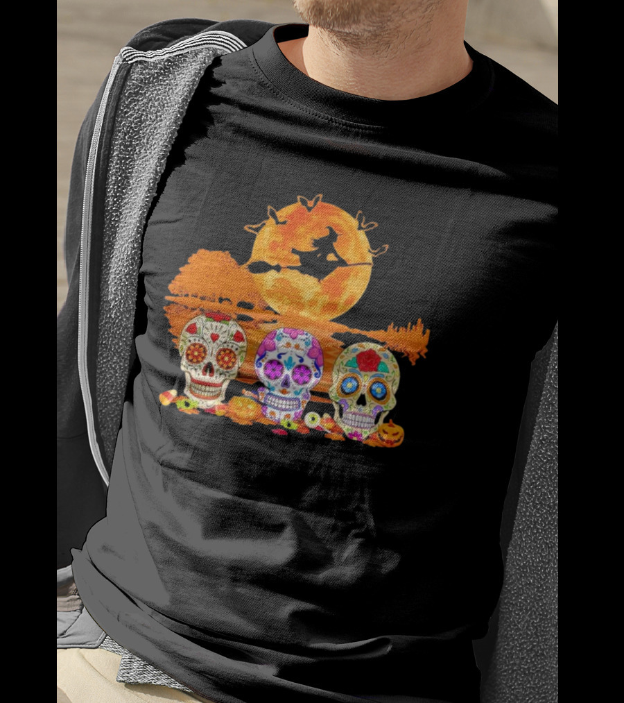 Halloween Witch Sugar Skulls Red Moon Scenic Night T-Shirt