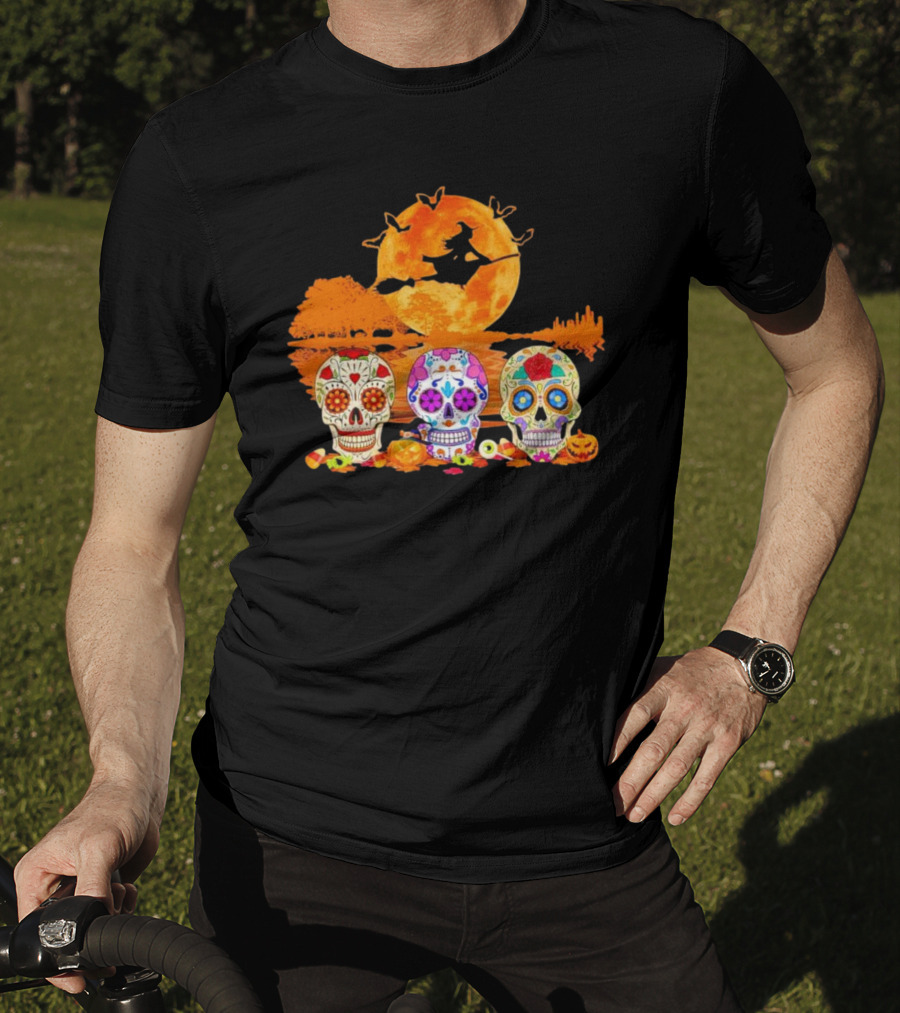Halloween Witch Sugar Skulls Red Moon Scenic Night T-Shirt