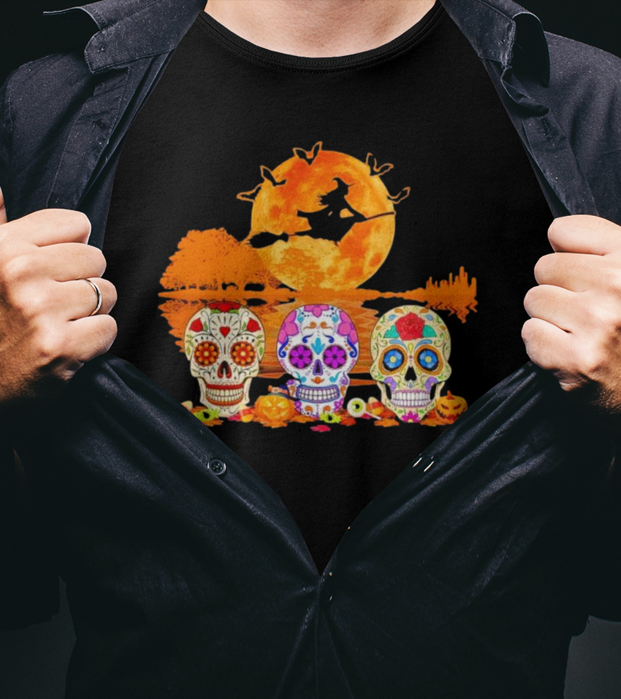 Halloween Witch Sugar Skulls Red Moon Scenic Night T-Shirt