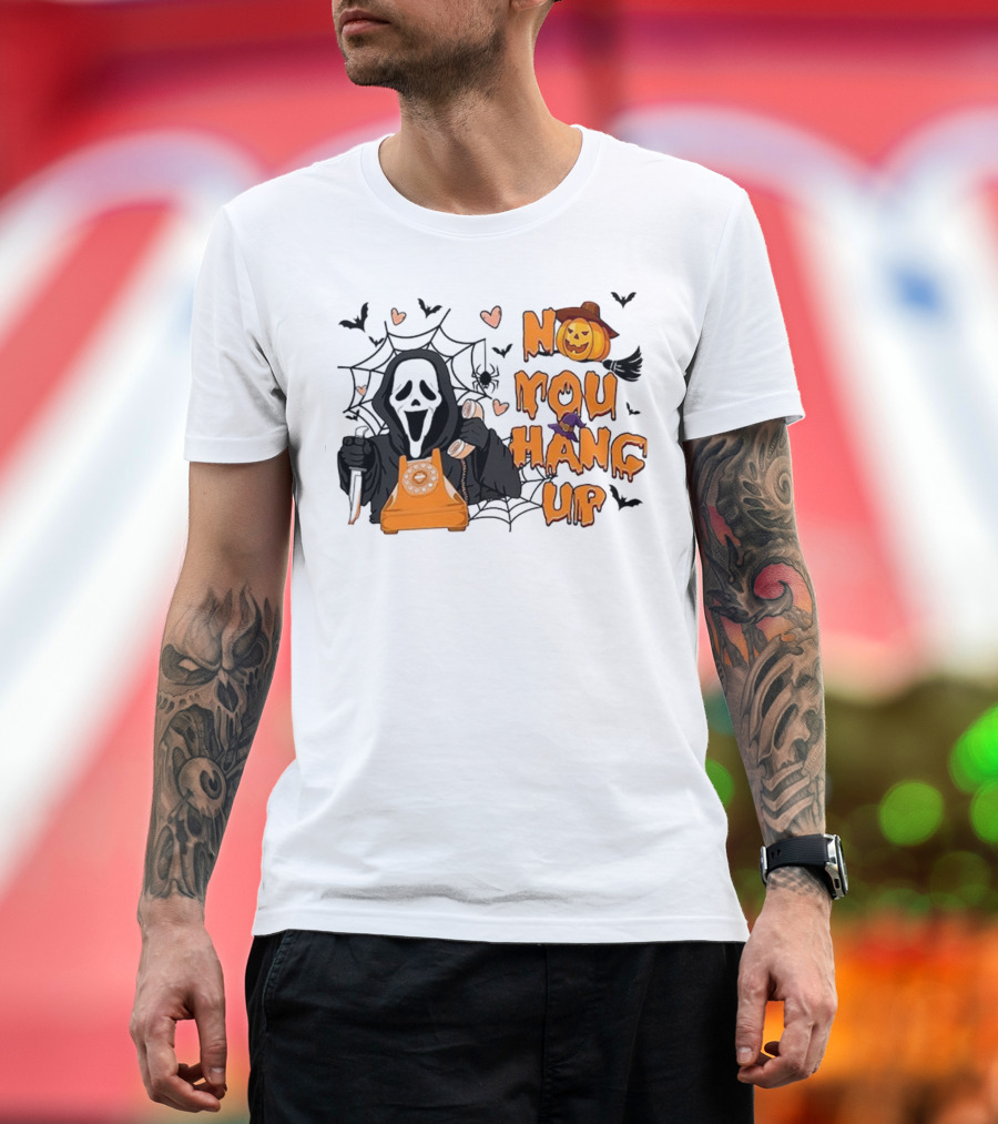 No You Hang Up Ghost with Pumpkin Phone Halloween Bats and Cobwebs T-Shirt