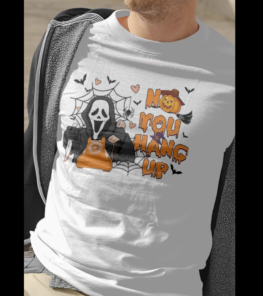 No You Hang Up Ghost With Pumpkin Phone Halloween Bats And Cobwebs T-Shirt