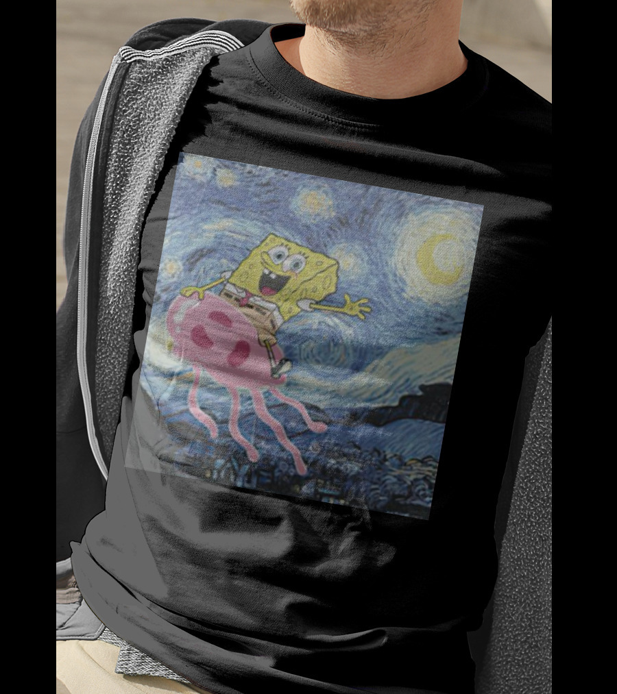 SpongeBob SquarePants Jellyfishing Van Gogh Starry Night Crossover T-Shirt