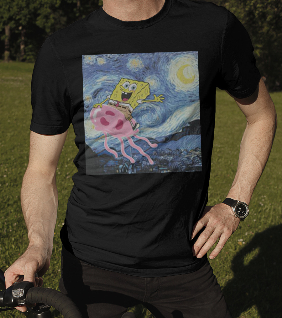 SpongeBob SquarePants Jellyfishing Van Gogh Starry Night Crossover T-Shirt