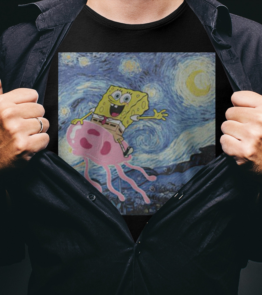SpongeBob SquarePants Jellyfishing Van Gogh Starry Night Crossover T-Shirt