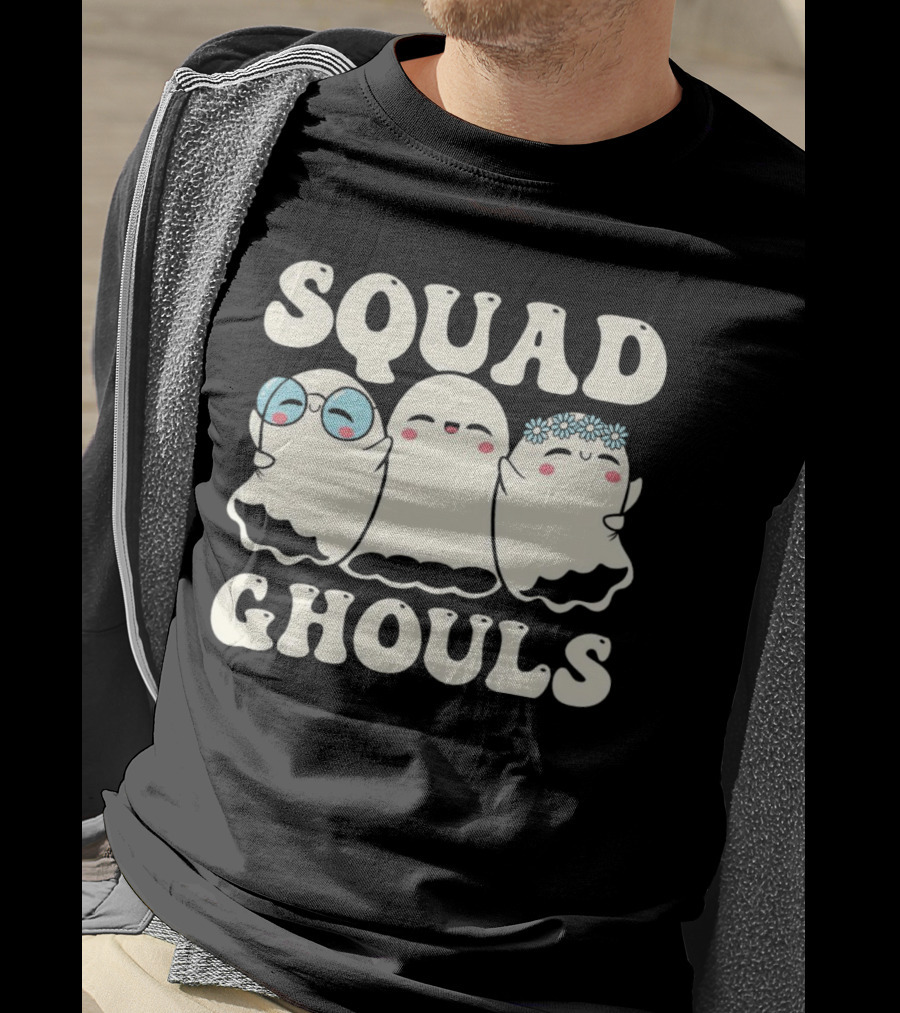 Squad Ghouls Halloween Cute Ghosts With Glasses And Flowers T-Shirt