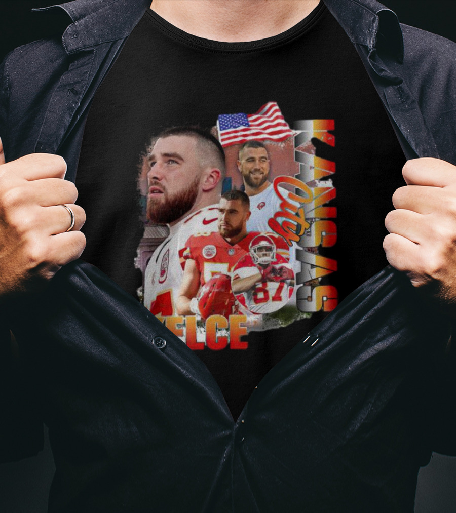 Kelce Kansas City Chiefs Collage With American Flag T-Shirt