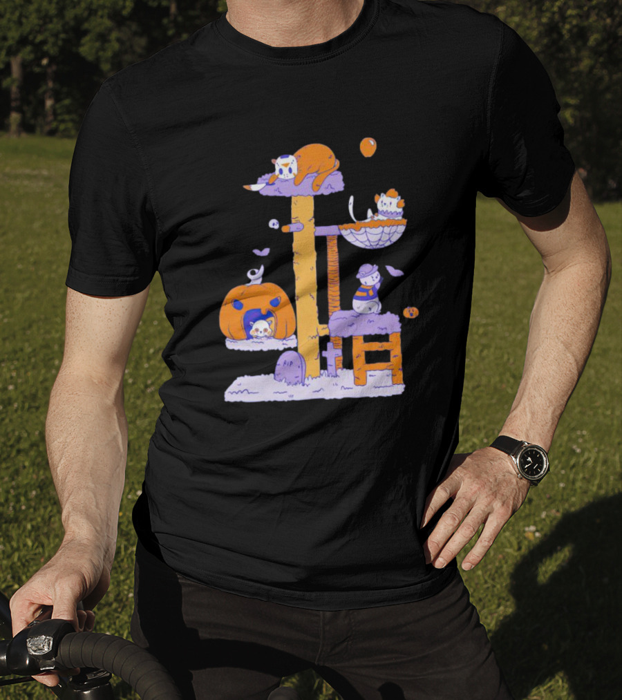 Cats In Halloween Horror Cosplay Playground With Pumpkins And Ghosts T-Shirt