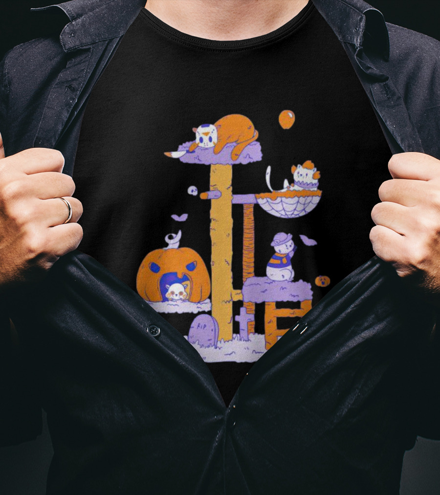 Cats In Halloween Horror Cosplay Playground With Pumpkins And Ghosts T-Shirt