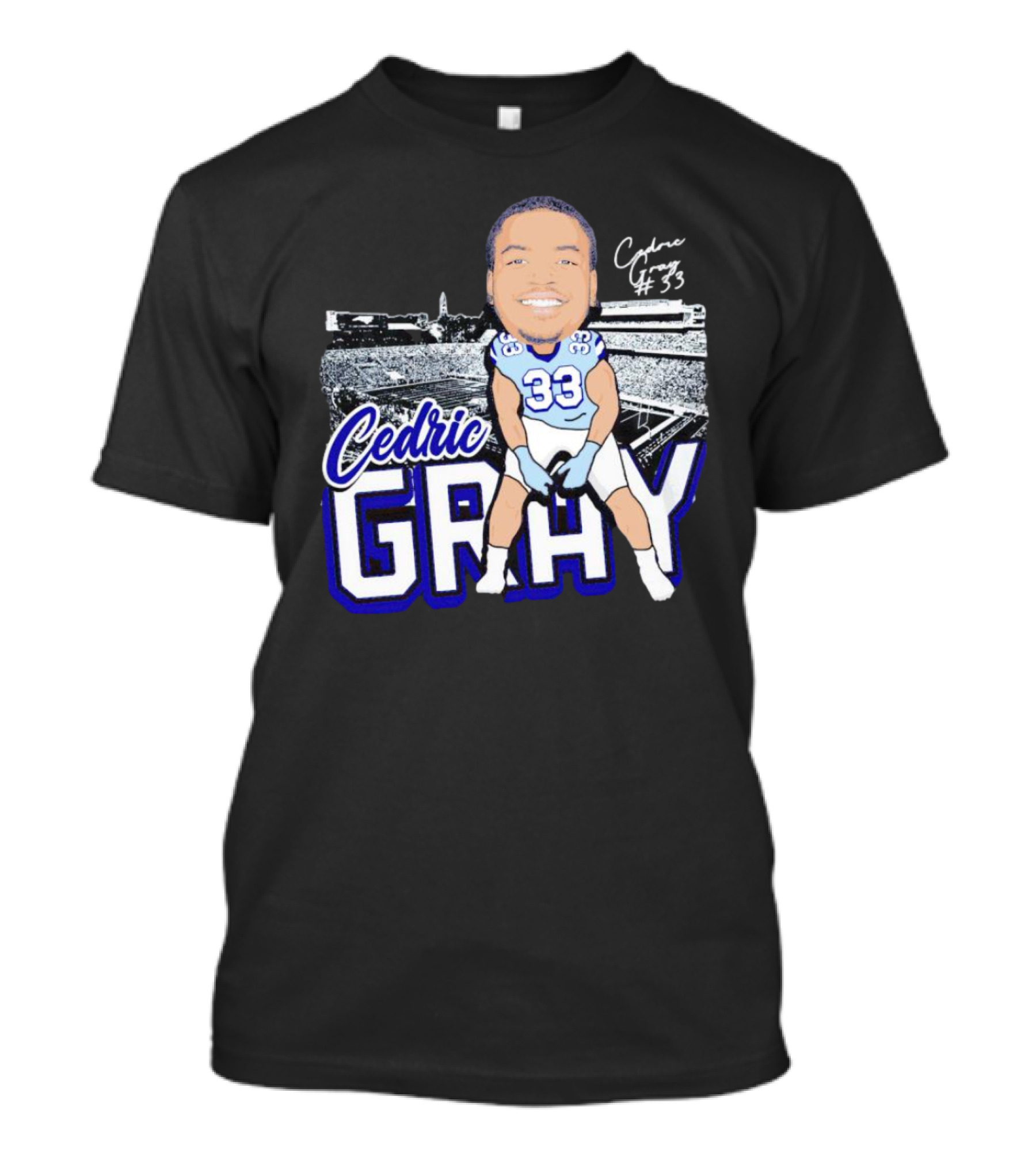Cedric Gray #33 Caricature Football Stadium Signature T-Shirt