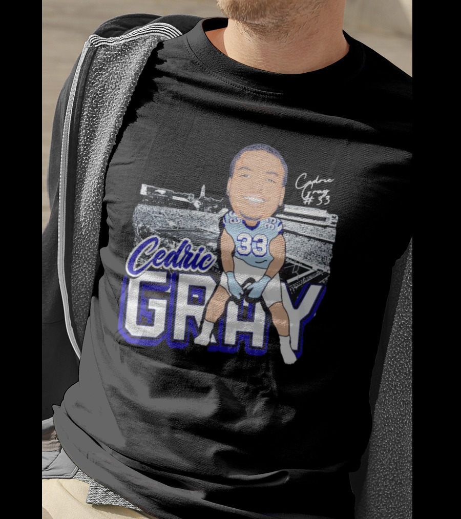 Cedric Gray #33 Caricature Football Stadium Signature T-Shirt