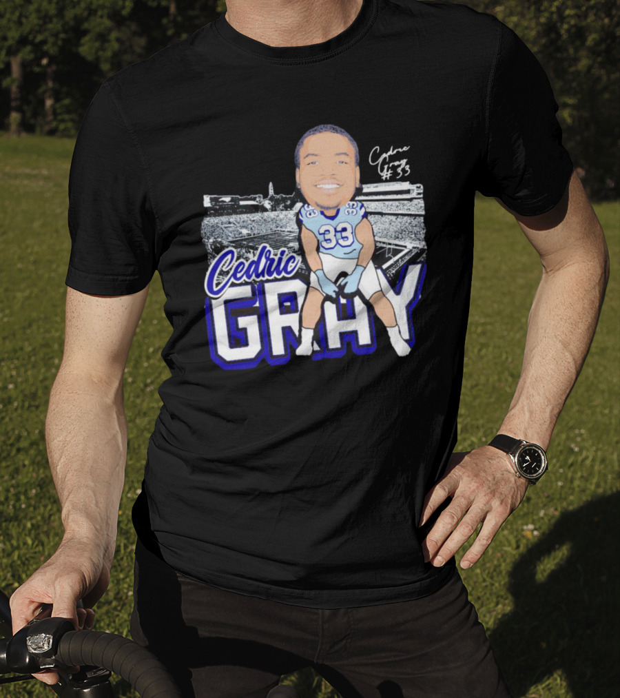 Cedric Gray #33 Caricature Football Stadium Signature T-Shirt