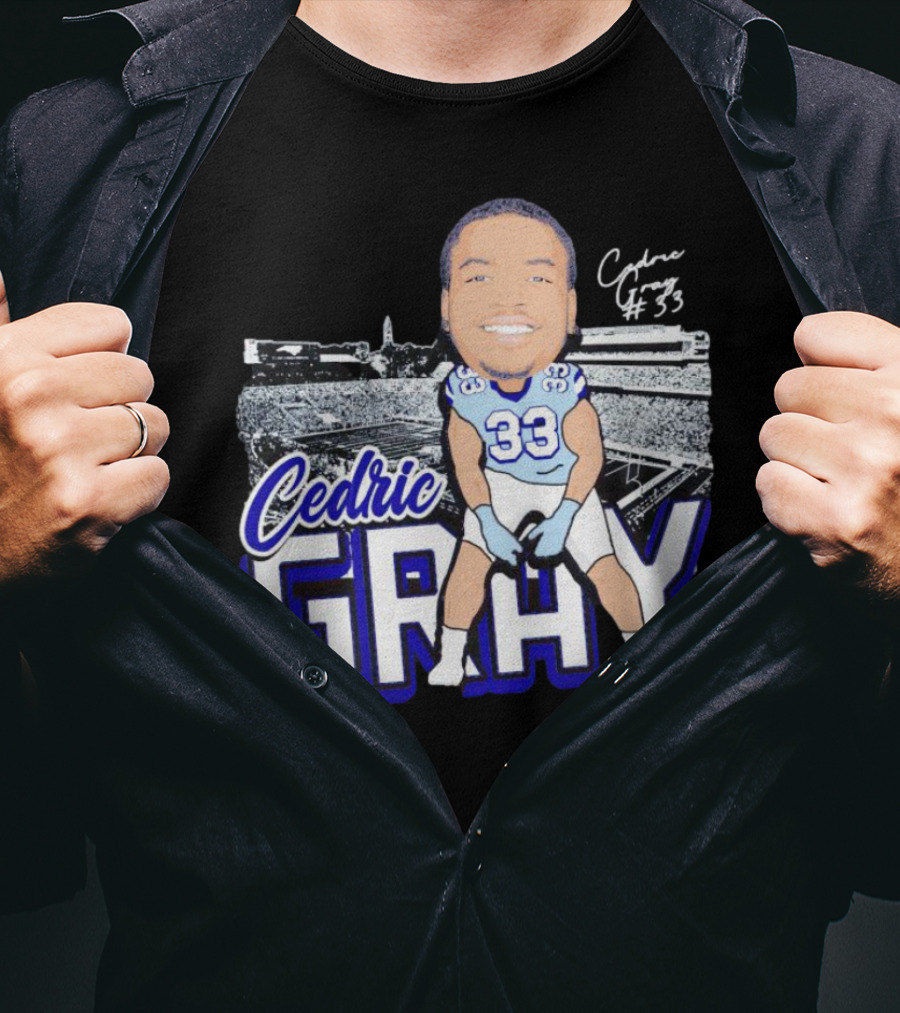 Cedric Gray #33 Caricature Football Stadium Signature T-Shirt