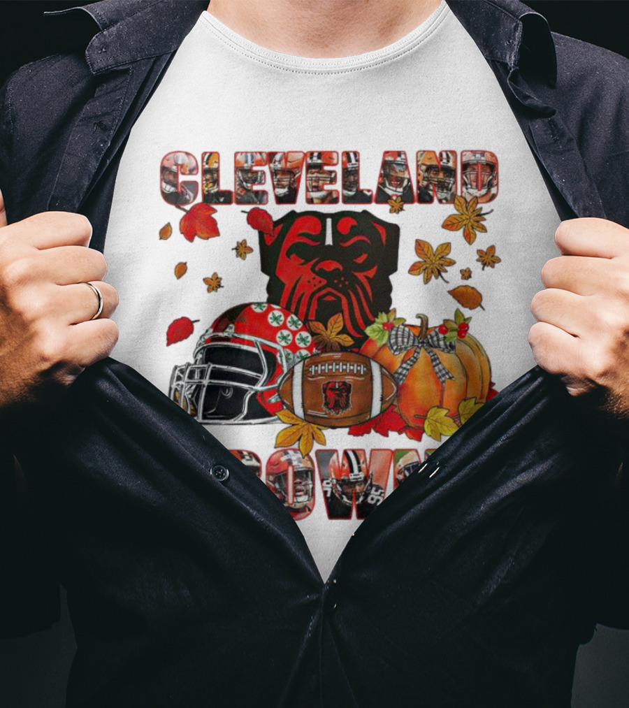 Cleveland Browns Fall Helmet Pumpkin Leaves Football Dog T-Shirt