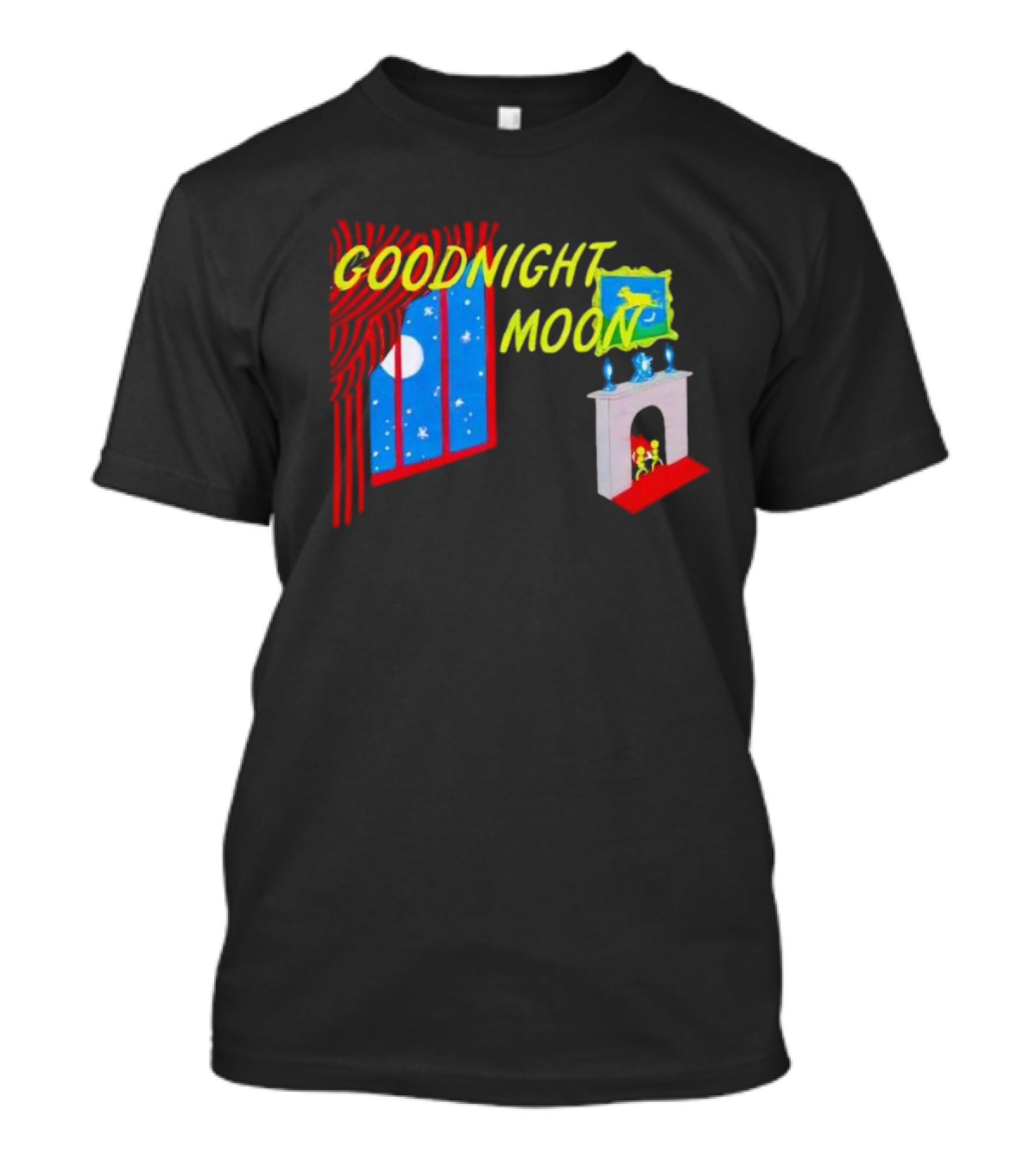 GOODNIGHT MOON Window Night Scene With Fireplace Moon Stars T-Shirt