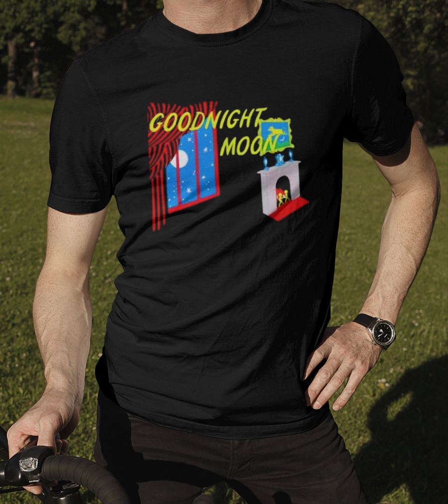 GOODNIGHT MOON Window Night Scene With Fireplace Moon Stars T-Shirt