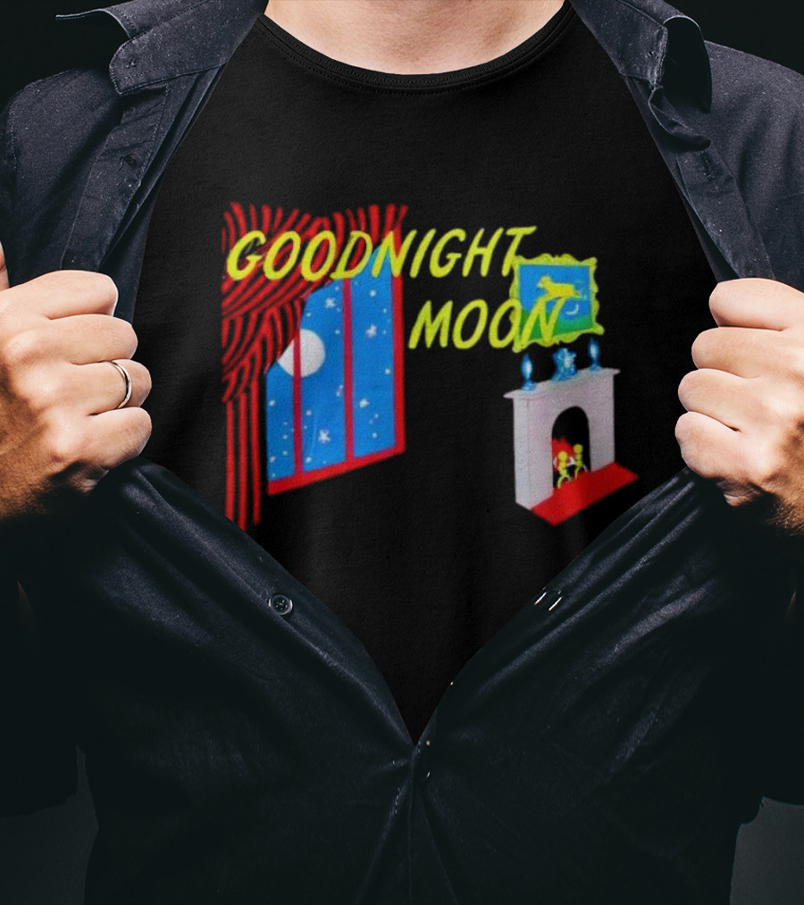 GOODNIGHT MOON Window Night Scene With Fireplace Moon Stars T-Shirt