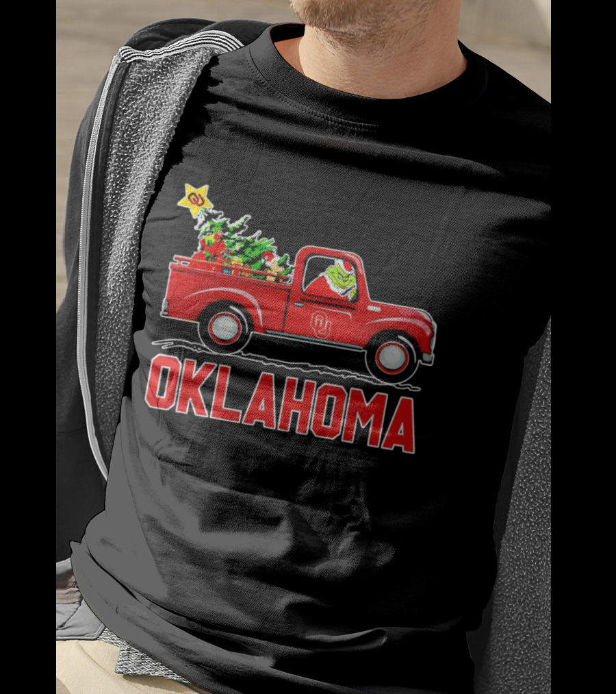 Grinch Driving Red Truck With Christmas Tree And Oklahoma Sooners T-Shirt