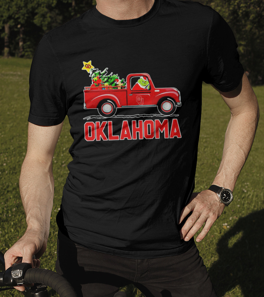 Grinch Driving Red Truck With Christmas Tree And Oklahoma Sooners T-Shirt