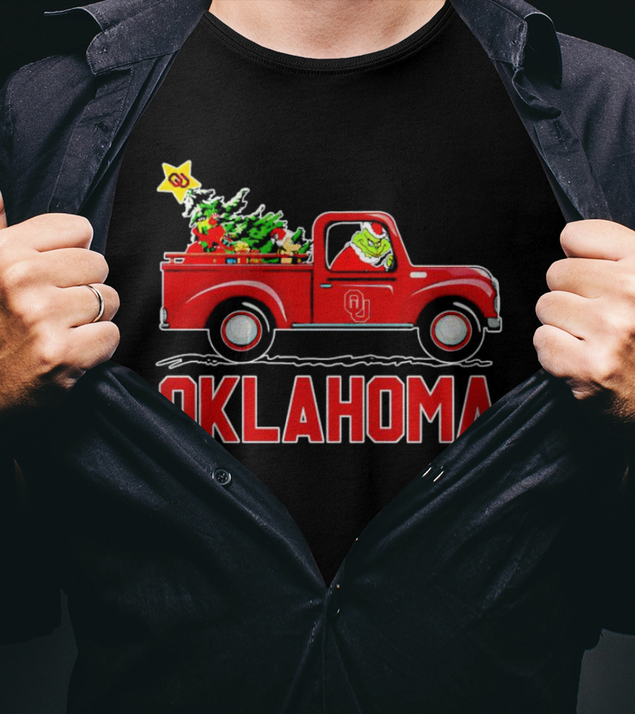 Grinch Driving Red Truck With Christmas Tree And Oklahoma Sooners T-Shirt