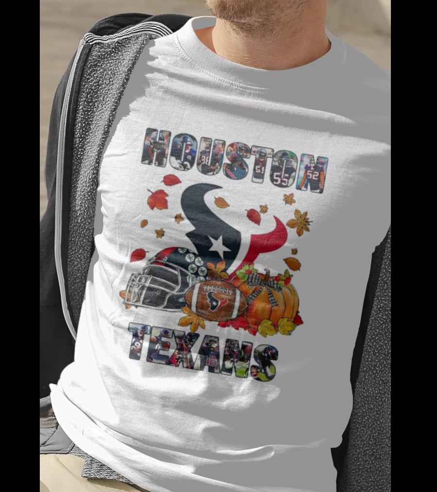 Houston Texans Football Helmet Pumpkin Autumn Leaves T-Shirt