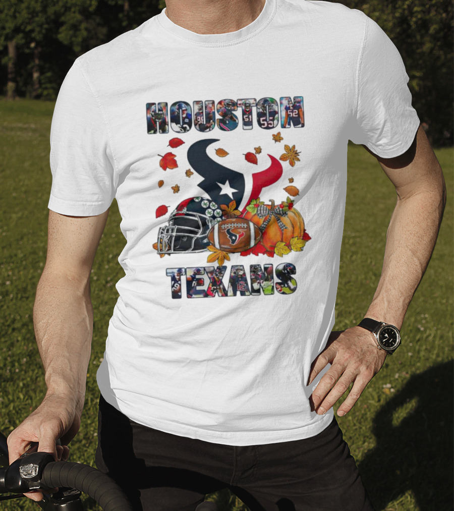 Houston Texans Football Helmet Pumpkin Autumn Leaves T-Shirt