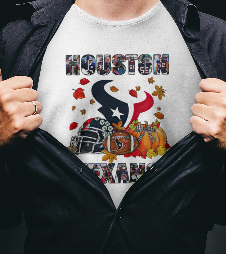 Houston Texans Football Helmet Pumpkin Autumn Leaves T-Shirt